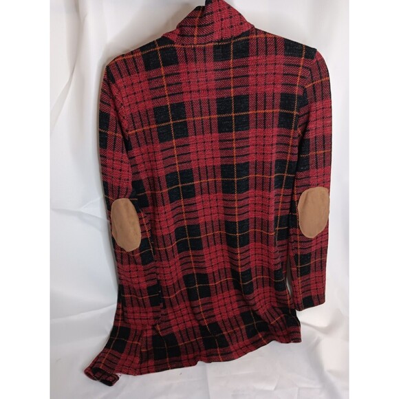 Fancyqube Red Plaid Cardigan Medium Leather Elbow Patches - Picture 2 of 3